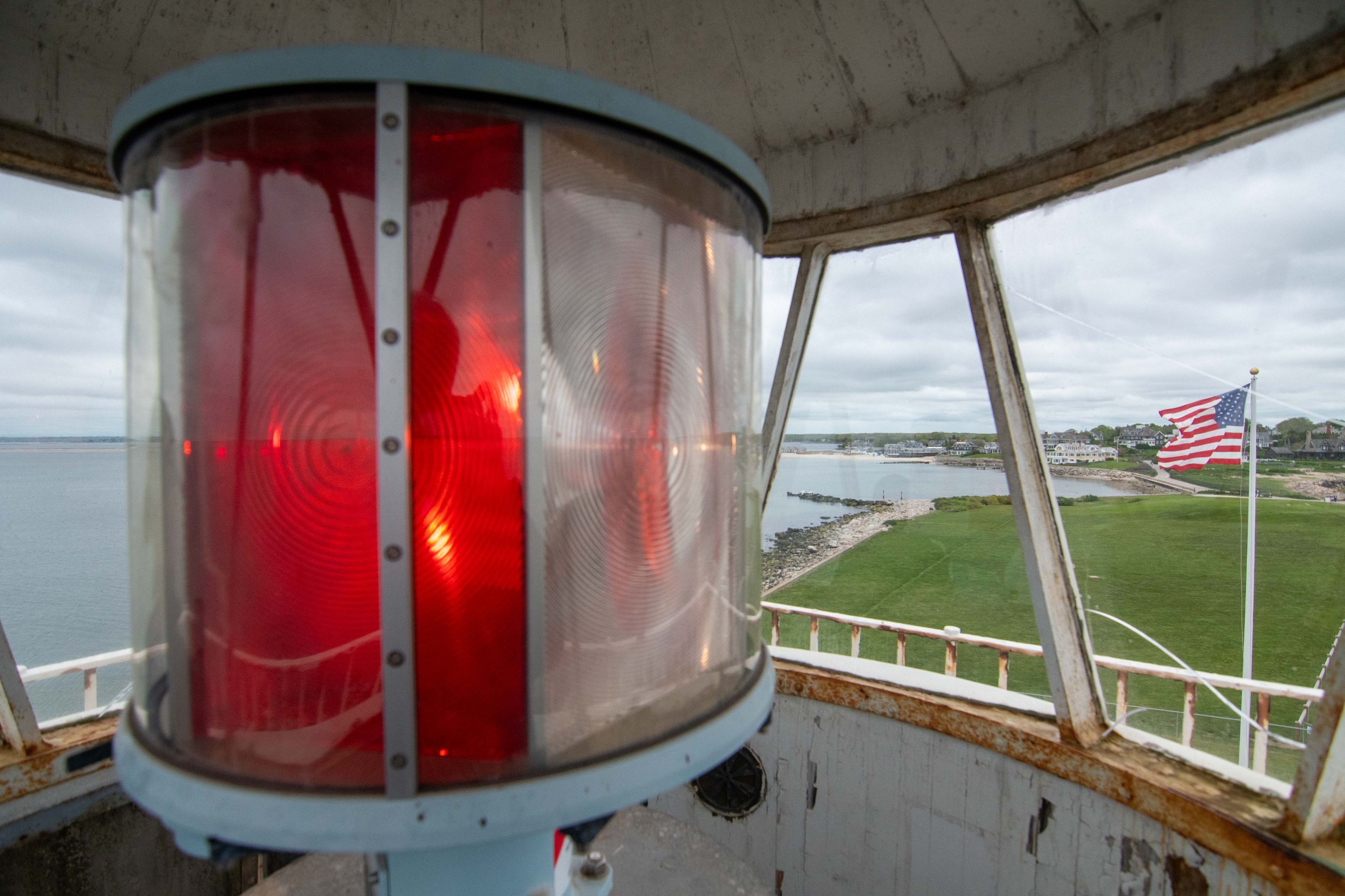 Beavertail Light lantern room interior with red beacon, May 2024